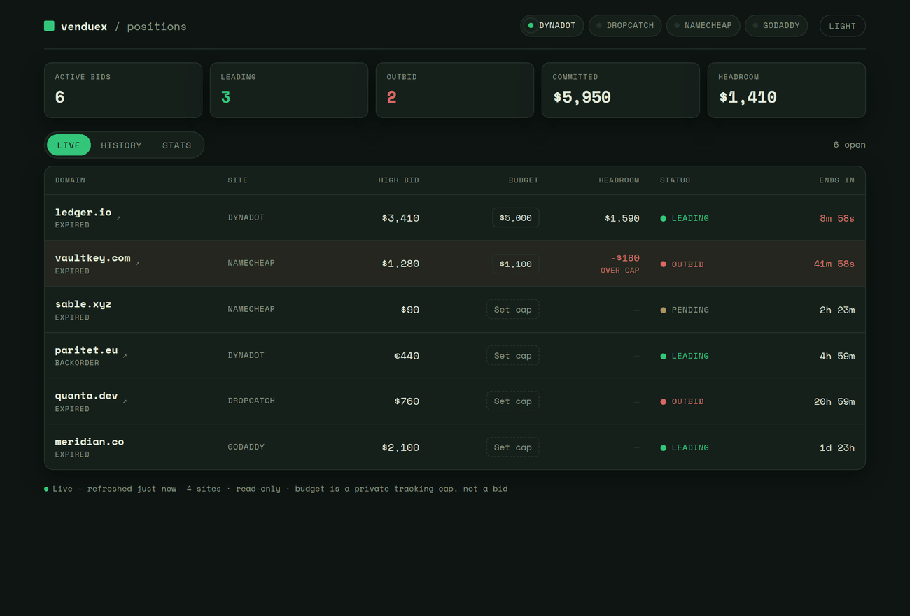 Venduex positions board in dark mode
